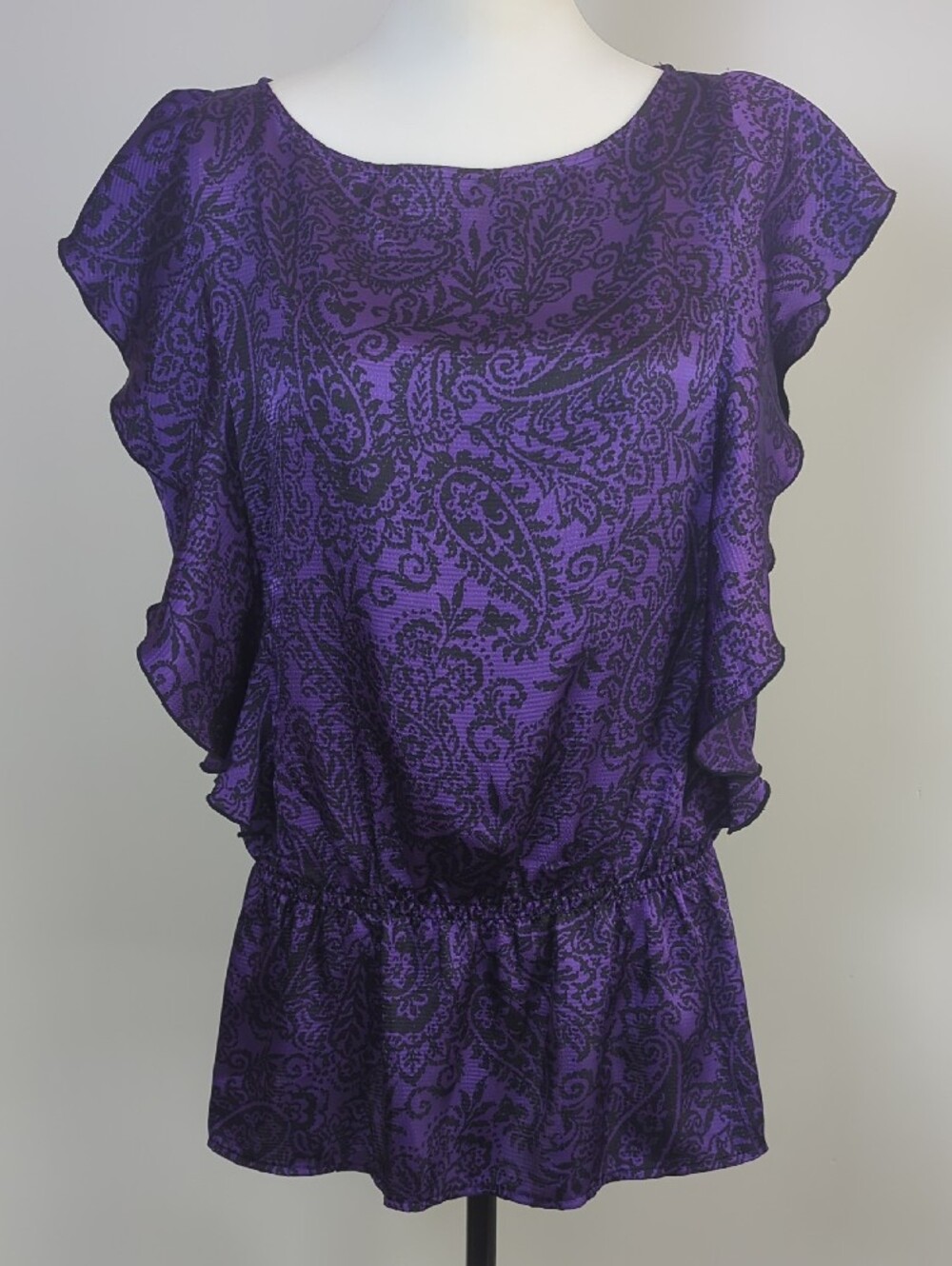Fred David Purple Paisley Sheer Blousen Ruffle Boho Top Blouse LARGE